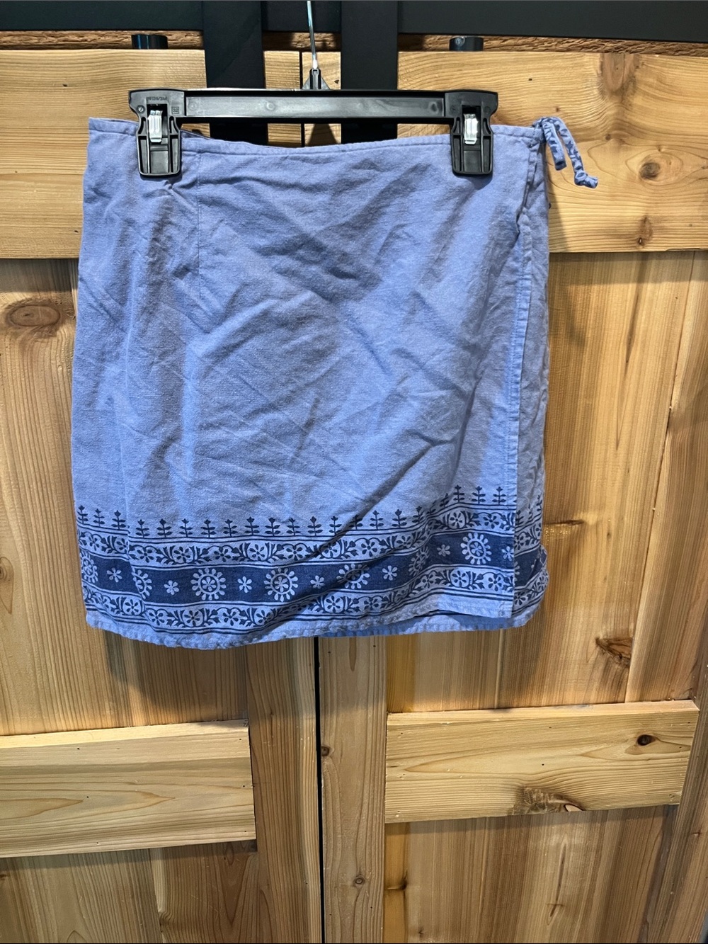 American Eagle Outfitters Blue Skirt Side Tie Wrap w/ Navy Border Linen Blend